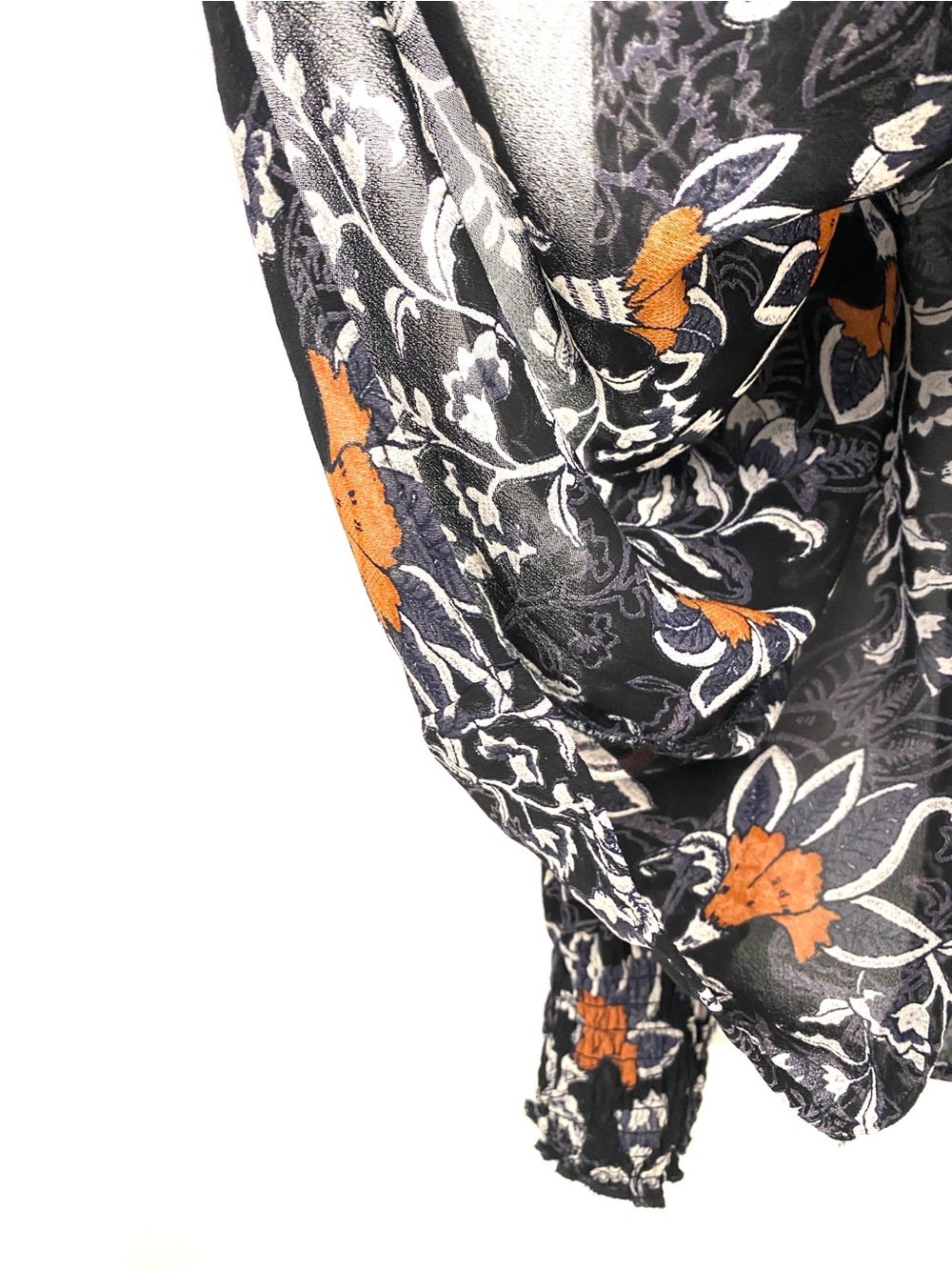 B. Copenhagen Floral Smocked Neck Sheer Blouse Black Burnt Apricot Paisley US M - Picture 7 of 14